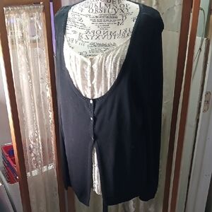 LOFT Elegant Black Knit Cardigan With Attached Lace Insert XL